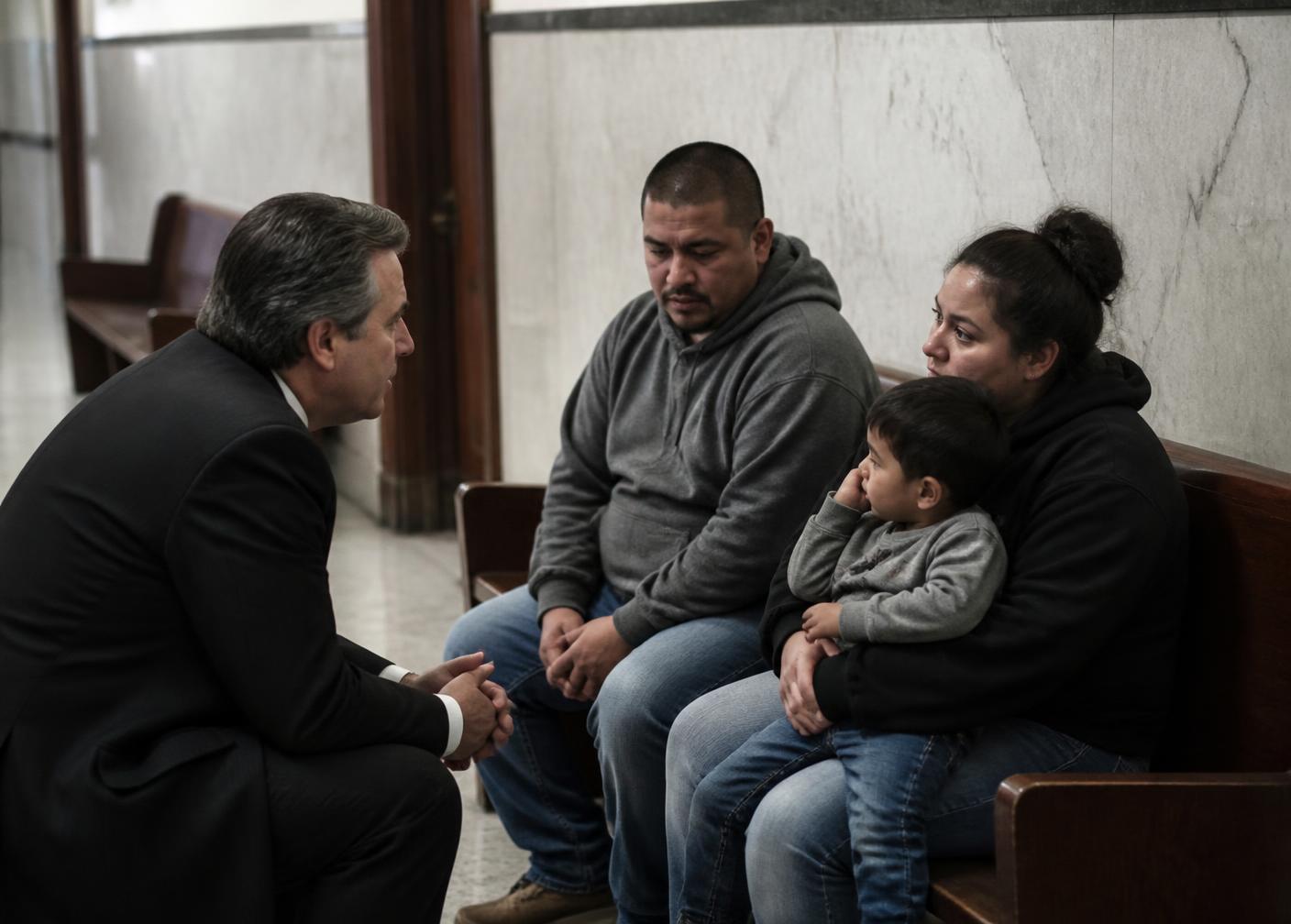 An attorney speaking quietly with a family in a courthouse hallway