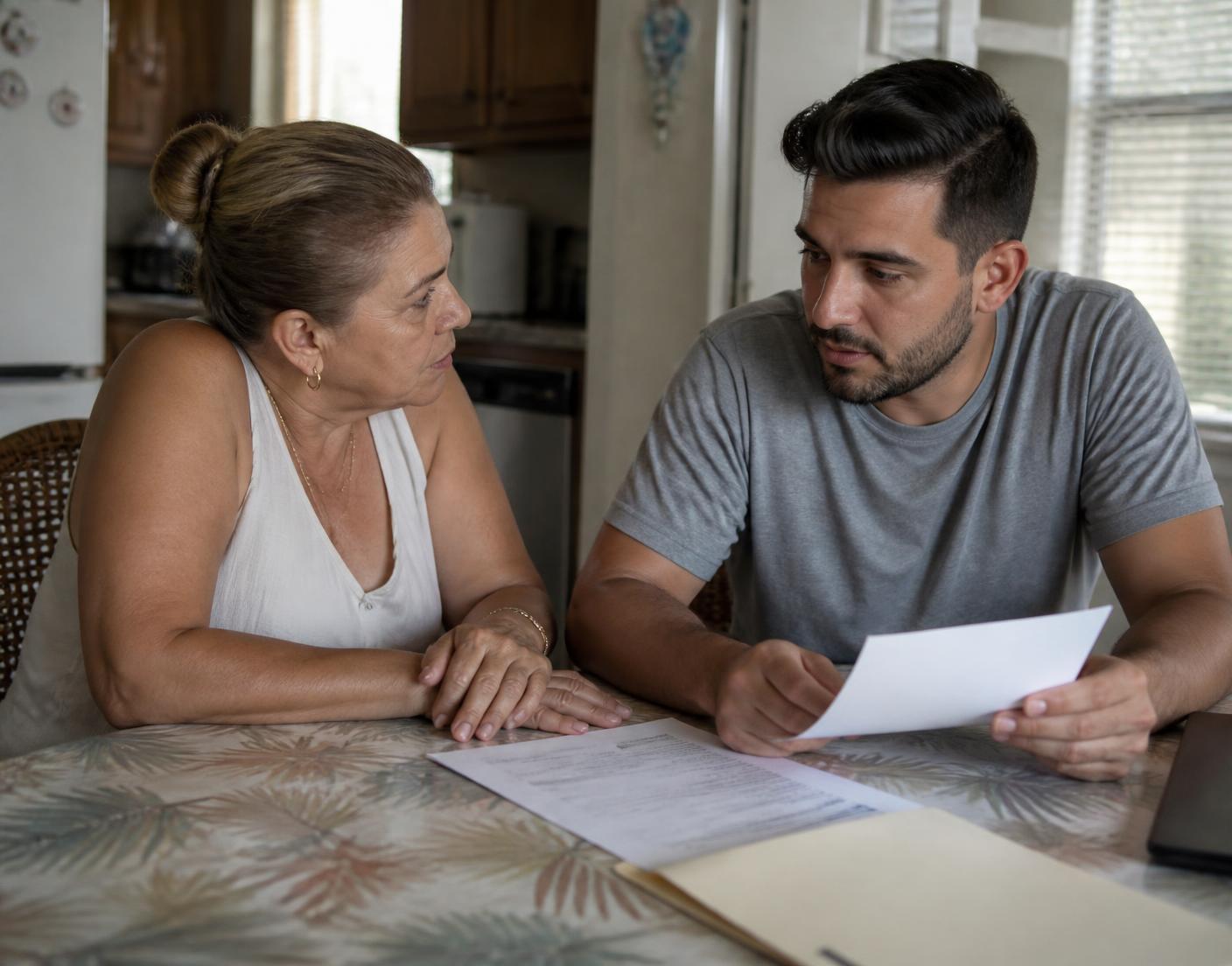 A mother and her adult son reviewing court paperwork at their kitchen table